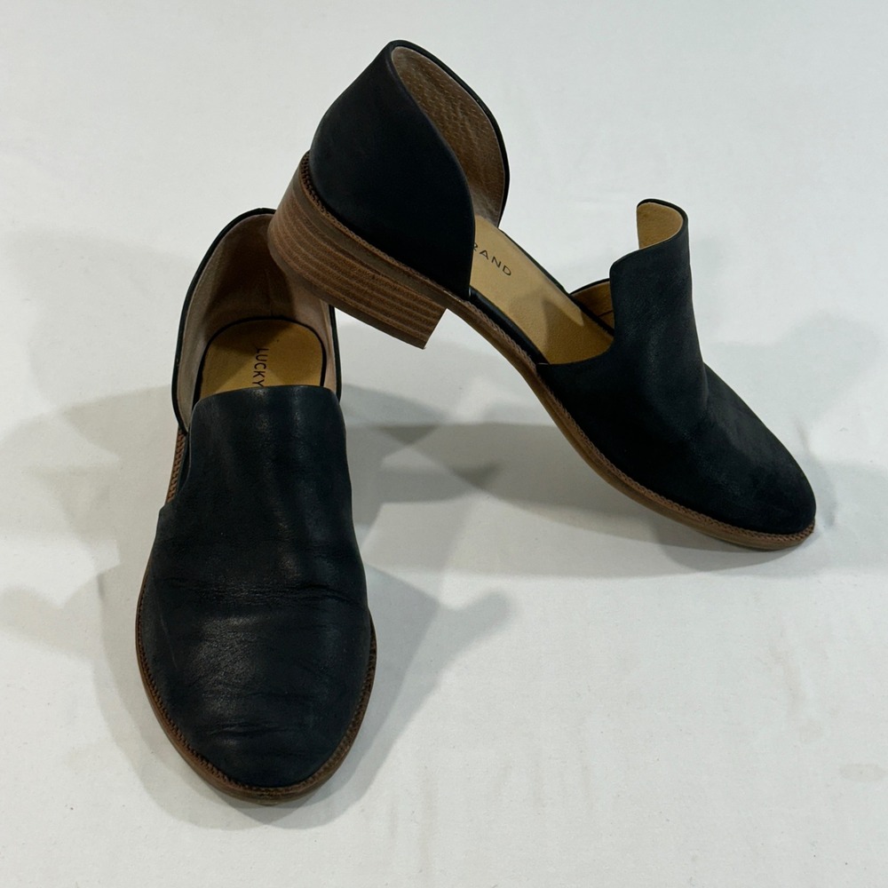 Lucky Brand Gennifa Black Leather D'Orsay Loafers Womens 8.5 Cutout Flats Almond